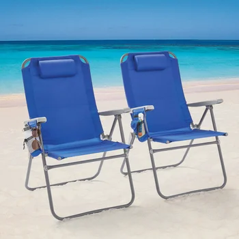 2 комплекта опор, Откидывающийся 4-позиционный пляжный стул большого размера, Синие стулья для кемпинга, Складной стул, уличная мебель