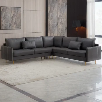 L-образный Роскошный кожаный диван - темно-серый Диван для гостиной со спинкой, соответствующий внутреннему убранству