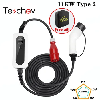 Teschev 11KW 16A 3-Фазное Автомобильное зарядное устройство типа 2 EV Wallbox с Красными Контактами CEE5 5-Метровый Кабель IEC 62196-2 Автомобильный Зарядный кабель