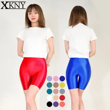 XCKNY Бесшовные короткие колготки спереди, масляные глянцевые спортивные брюки, глянцевые эластичные брюки, узкие брюки, сексуальные шелковые шорты для плавания с тонкой талией для йоги