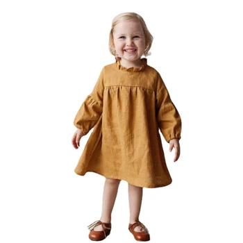 Весенне-осенние платья для девочек Льняное пасторальное праздничное платье для маленьких девочек из однотонного хлопка с длинными рукавами, повседневная детская одежда