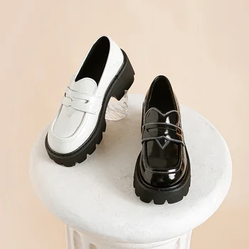 Весна-осень, лоферы из натуральной кожи в британском стиле с круглым носком на высоком каблуке, неглубокая обувь на толстой подошве, Женские туфли-лодочки, повседневная обувь