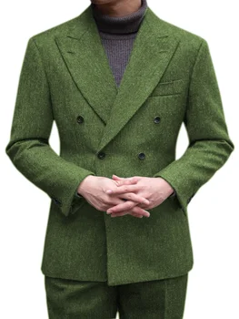 Двубортный Классический мужской деловой костюм Джентльмена, 2 предмета, приталенный Твидовый шерстяной зеленый смокинг Жениха для свадьбы, смокинги для женихов