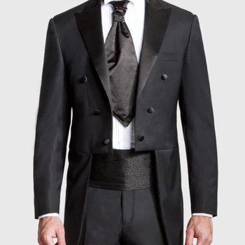 Двубортный Черный мужской фрак с остроконечным отворотом, Свадебный смокинг из 2 предметов для друзей Жениха, мужские модные костюмные брюки на заказ