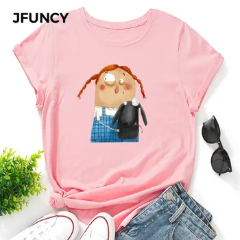 Женская футболка JFUNCY, Хлопковая футболка с коротким рукавом, Новая Женская Футболка с Мультяшным Принтом, Летние Женские Топы, Женская одежда