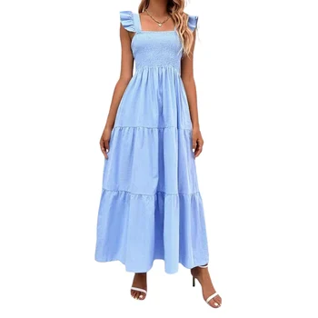 Женское Длинное платье с длинным рукавом и квадратным вырезом, Однотонное Свободное Платье-качели, Летнее Платье трапециевидной формы