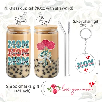 Идеи персонализированного подарочного набора на День матери, подарок маме на День рождения, стеклянная чашка с крышкой и соломинкой, именная наклейка, брелок, прозрачные закладки