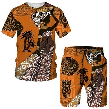 Комплекты мужских футболок с рисунком африканской девушки, футболка с 3D принтом в этническом стиле, шорты, комплект из двух предметов, повседневный пуловер большого размера, спортивный костюм