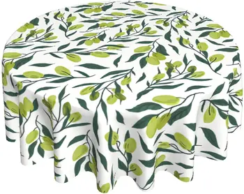 Круглая скатерть с зелеными листьями, 60 летних оливковых листьев, Моющаяся, устойчивая к появлению морщин, Ткань для покрытия стола, Полиэфирная скатерть