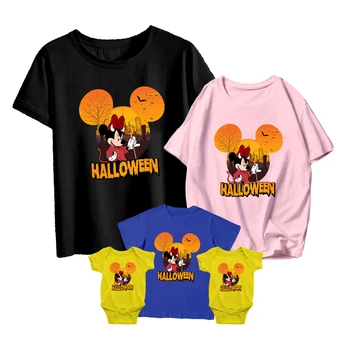 Летняя футболка для родителей и детей с короткими рукавами и принтом персонажа Диснея Минни Маус на Хэллоуин, модная Повседневная футболка Унисекс с круглым вырезом для взрослых