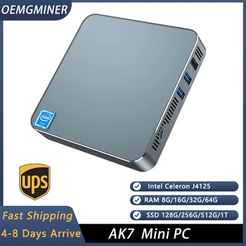 Мини-ПК AK7 Intel J4125: Win11, DDR4 8 ГБ, 128 ГБ SSD, 5G WiFi, Win10 Pro, 4K, компьютер для бизнеса /геймеров.