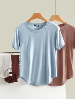 Модальная Блузка с круглым вырезом и коротким рукавом, Тонкая Хлопковая футболка в тон, Летняя Свободная Хлопковая футболка, Уменьшающая возраст, Женская Уличная Одежда