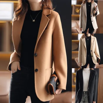 Модные Тонкие Толстые твидовые пальто и куртки 2023 Года, женские однотонные твидовые пальто с длинным рукавом для женщин