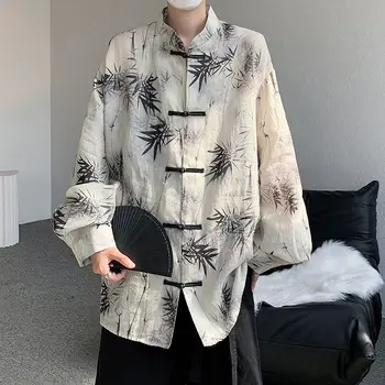 Модный Костюм-рубашка с рисунком бамбуковых листьев и воротником-стойкой, мужская Летняя Винтажная Модная Солнцезащитная одежда