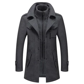 Мужская шерстяная куртка, Зима-осень, Мужское Длинное ветрозащитное Шерстяное пальто, Повседневная толстая приталенная куртка, Мужское пальто