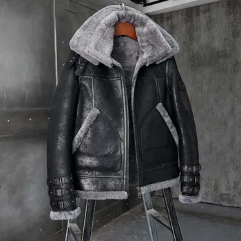 Новая дубленка, мужская куртка-бомбер B3, Короткое меховое пальто, черная кожаная куртка, модная мотоциклетная куртка, мужские зимние пальто