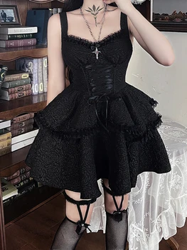 Новое Вечернее платье в темном готическом стиле, женские Элегантные Винтажные кружевные платья на бретельках с высокой талией, слинг, сексуальная тонкая клубная одежда