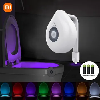 Ночник с подсветкой унитаза Xiaomi, датчик движения, светодиодный, 8 цветов, водонепроницаемый, с батарейкой, красочная лампа для украшения спальни