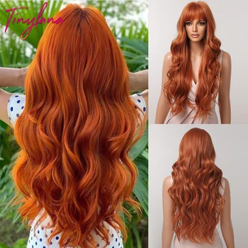 Оранжевые, медные, красные, Желтые Синтетические парики, Длинный волнистый Рыжий парик с челкой для женщин, натуральные Волнистые термостойкие волосы для косплея