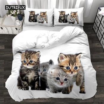Пододеяльник для кошек, подарки для любителей кошек, двойное одеяло для детей, подростков, микрофибра, Милый котенок, тематика животных, Комплект постельного белья Королевского размера