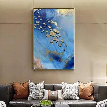 Синее Море Золотая Рыбка Абстрактная Картина маслом на холсте Акриловая Настенная Художественная Живопись для Гостиной Дома Caudros Decoracion