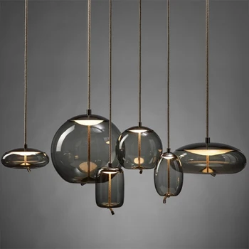 Скандинавский ретро дизайн, светодиодная люстра Для столовой, кухни, гостиной, спальни, потолочный подвесной светильник, Подвесной светильник из серого стекла