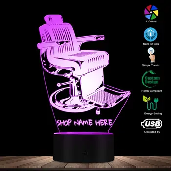 Старомодный Дизайн стула для парикмахерской Светодиодная лампа Название вашей парикмахерской Персонализированная 3D Настольная лампа Освещение Парикмахерской Художественный Декор