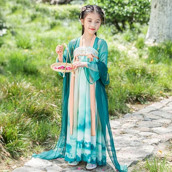 Танцевальный костюм Hanfu Gilrs, платье принцессы, Юбки для девочек, Китайский традиционный комплект с цветочной вышивкой, Большие качели, сценическая праздничная одежда