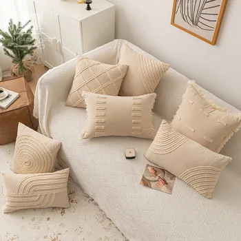 Хлопчатобумажный и льняной Минималистичный чехол для подушки с геометрической вышивкой, наволочки с бахромой, Декоративный домашний декор в стиле Ваби-саби для дивана