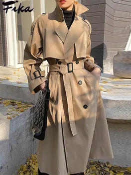 Элегантные длинные тренчи цвета хаки для женщин, винтажная двубортная черная ветровка, корейское повседневное Свободное длинное пальто, уличная одежда
